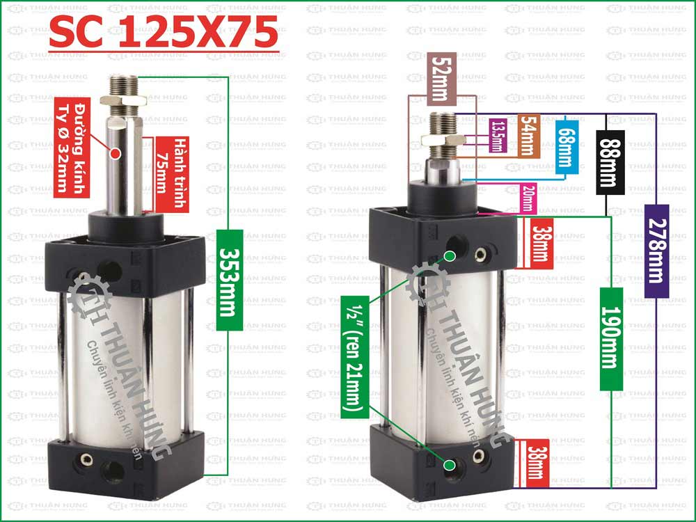 Thông số kích thước xi lanh khí nén Airtac SC125X75
