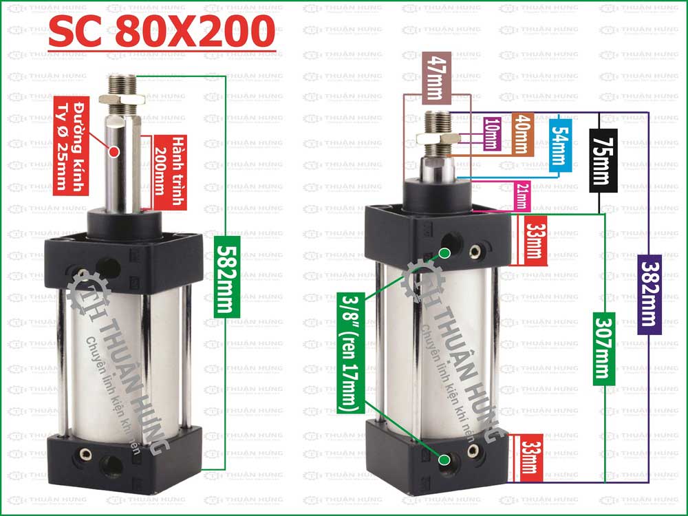 Thông số kích thước ben hơi khí nén Airtac SC80x200