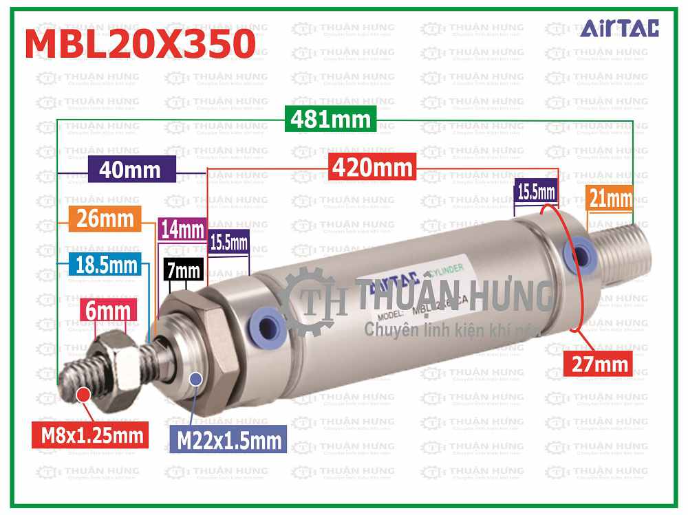 Thông số kích thước xi lanh khí nén AIRTAC MBL20x350