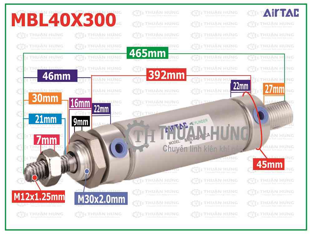 Thông số kích thước xi lanh khí nén AIRTAC MBL40X300