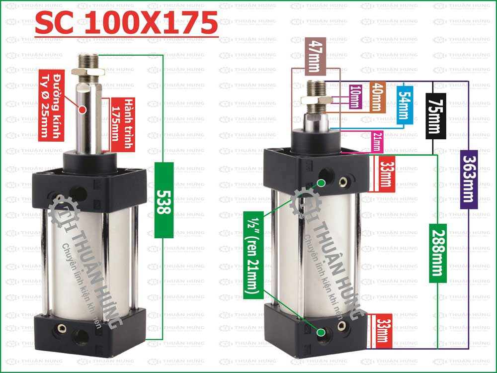 Thông số kích thước xi lanh khí nén Airtac SC100x175