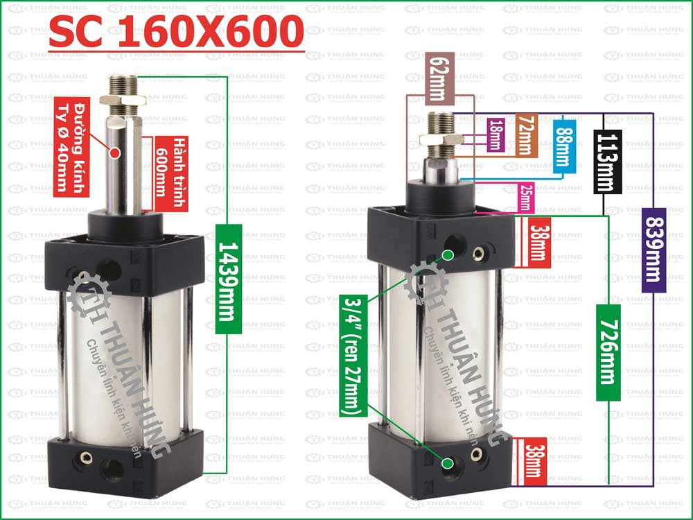 Thông số kích thước xi lanh khí nén Airtac SC160X600