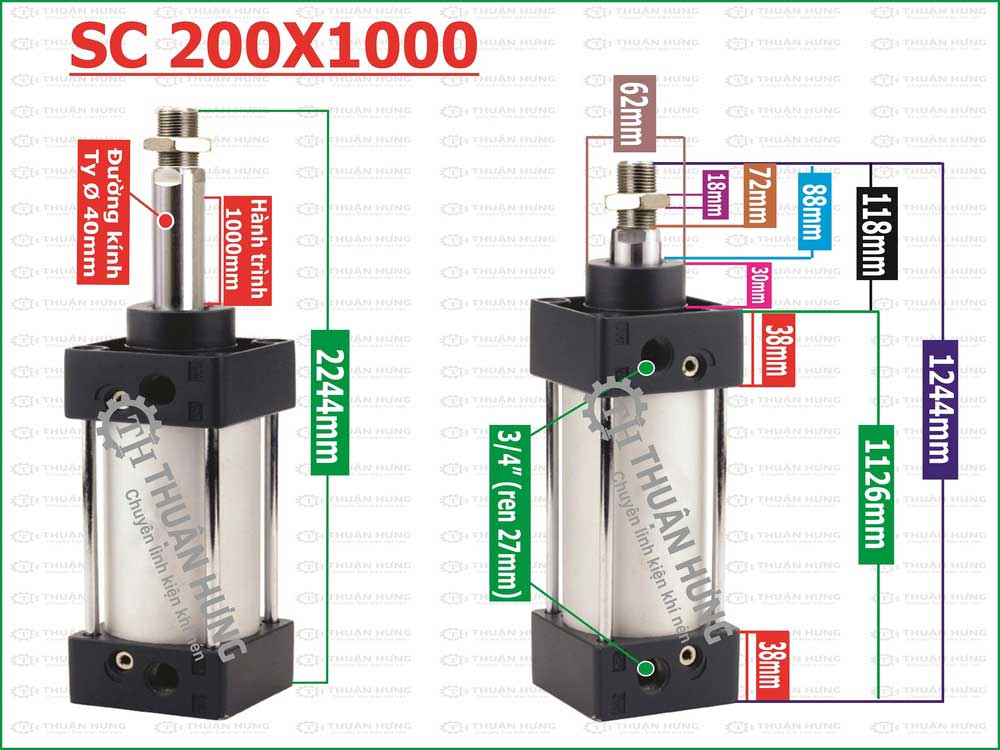 Thông số kích thước ben hơi khí nén Airtac SC200x1000