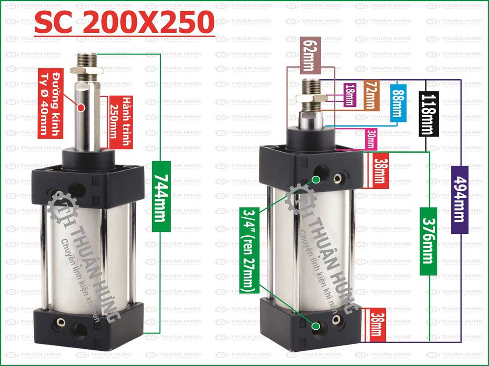 Thông số kích thước ben hơi khí nén Airtac SC200x250