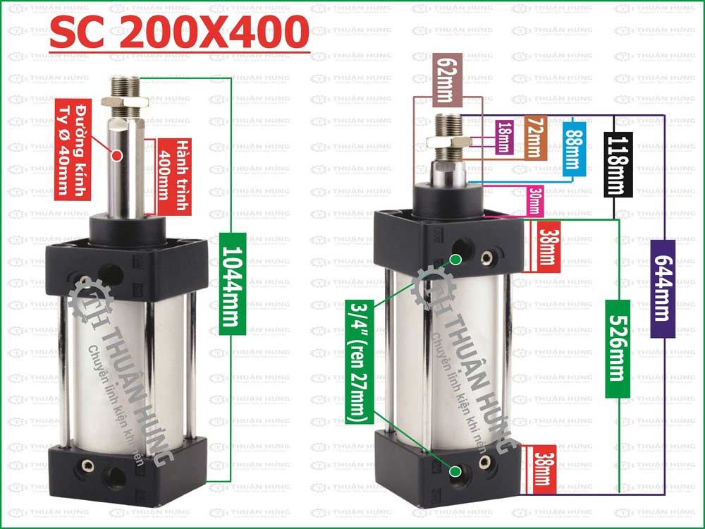 Thông số kích thước ben hơi khí nén Airtac SC200x400