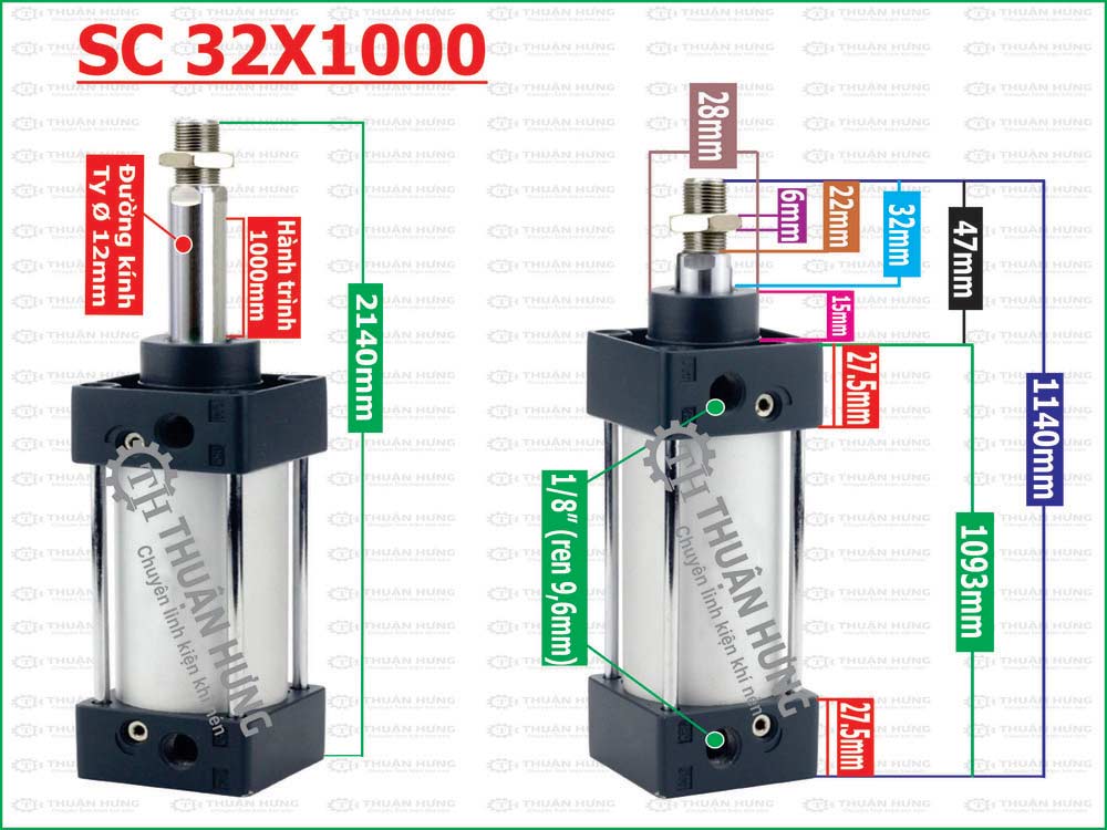 Thông số kích thước xi lanh khí nén Airtac SC32x1000