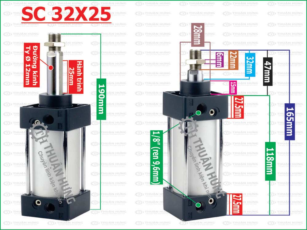 Thông số kích thước xi lanh khí nén Airtac SC32x25