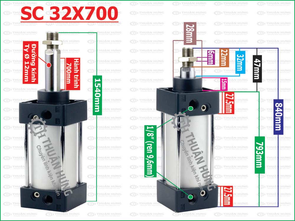 Thông số kích thước xi lanh khí nén Airtac SC32x700