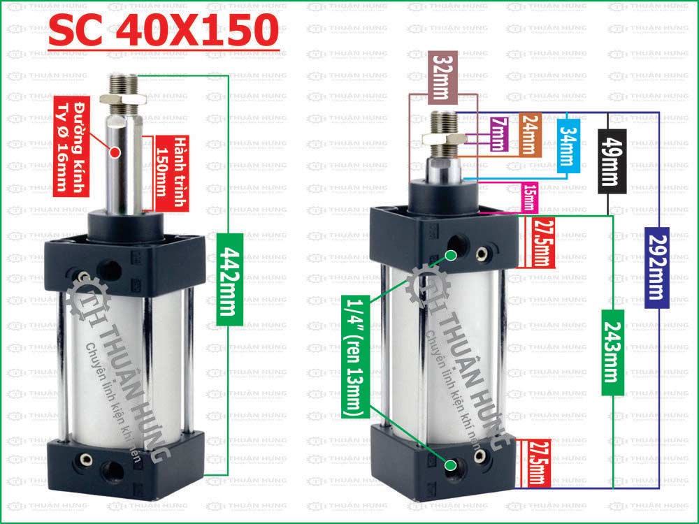 Thông số kích thước xi lanh khí nén Airtac SC40x150