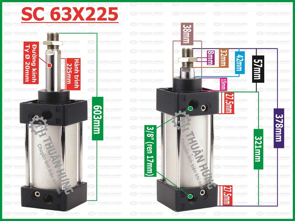 Thông số kích thước ben hơi khí nén Airtac SC63x225