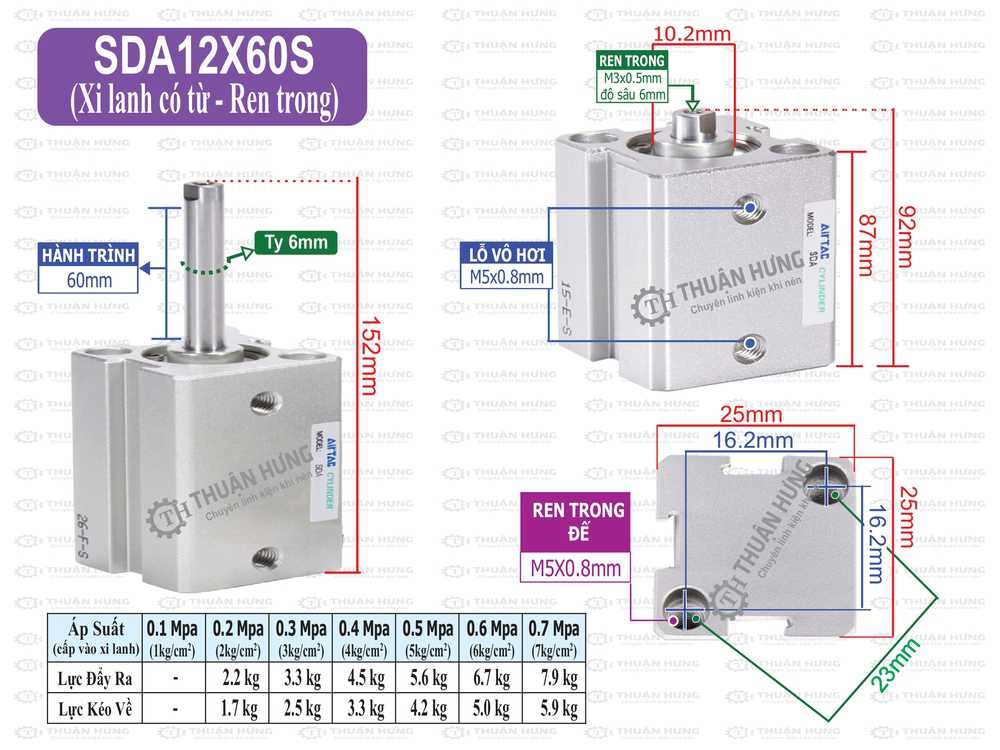 Kích thước xi lanh khí nén Airtac SDA12x60S