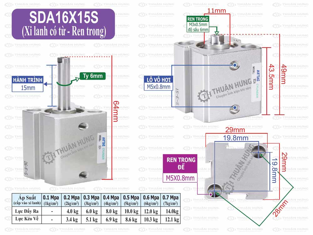 Kích thước xi lanh khí nén Airtac SDA16x15S