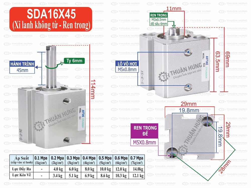 Kích thước xi lanh Compact Airtac SDA16X45