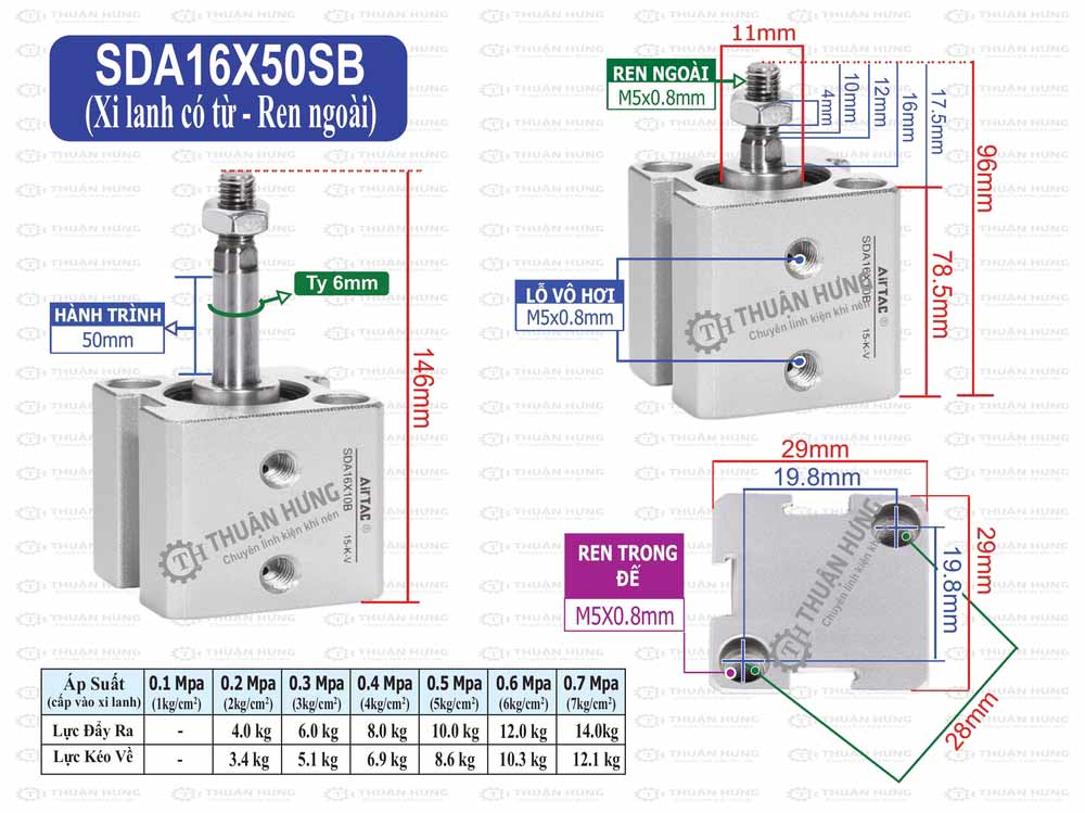 Kích thước xi lanh khí nén Airtac SDA16x50SB