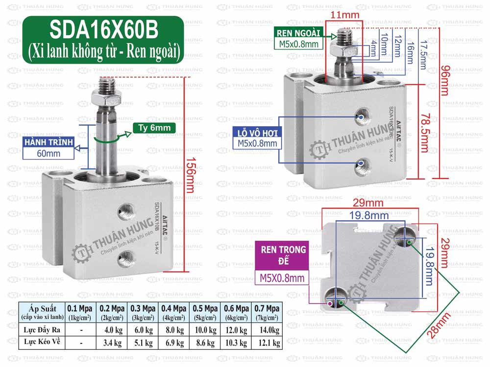Kích thước xi lanh Compact Airtac SDA16X60B