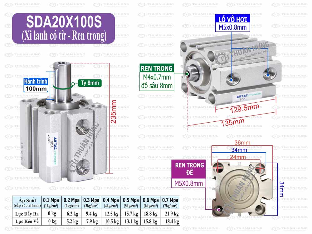 Kích thước xi lanh khí nén Airtac SDA20x100S