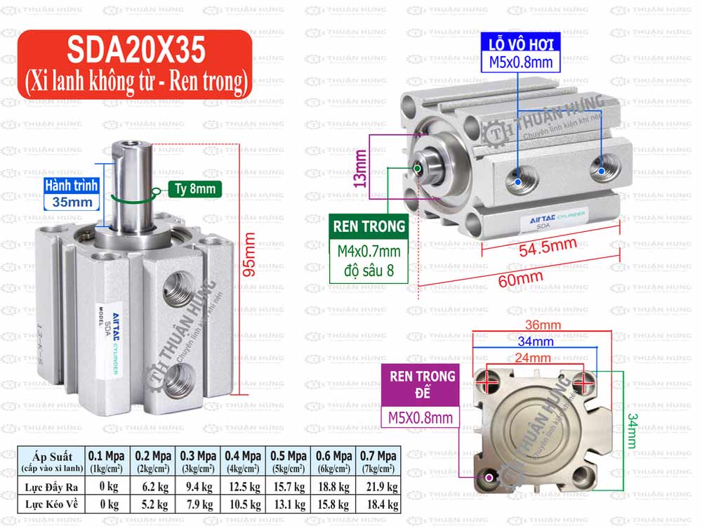Kích thước xi lanh Compact Airtac SDA20X35