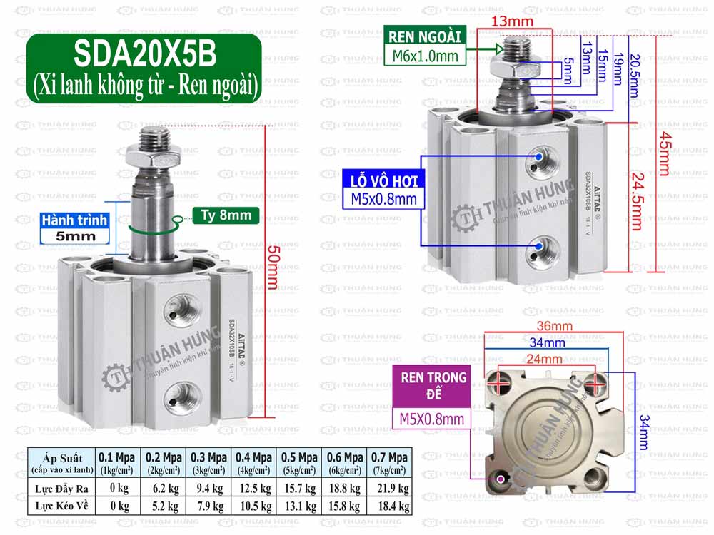 Kích thước xi lanh Compact Airtac SDA20X5B