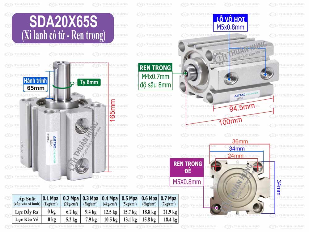 Kích thước xi lanh khí nén Airtac SDA20x65S