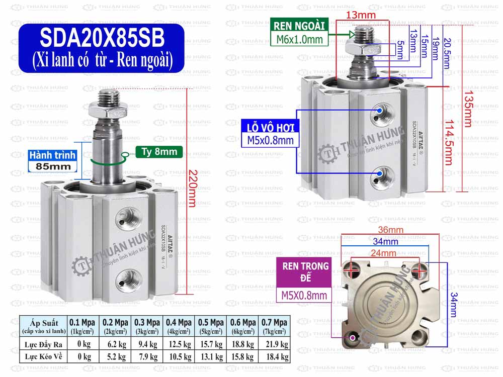 Kích thước xi lanh khí nén Airtac SDA20x85SB