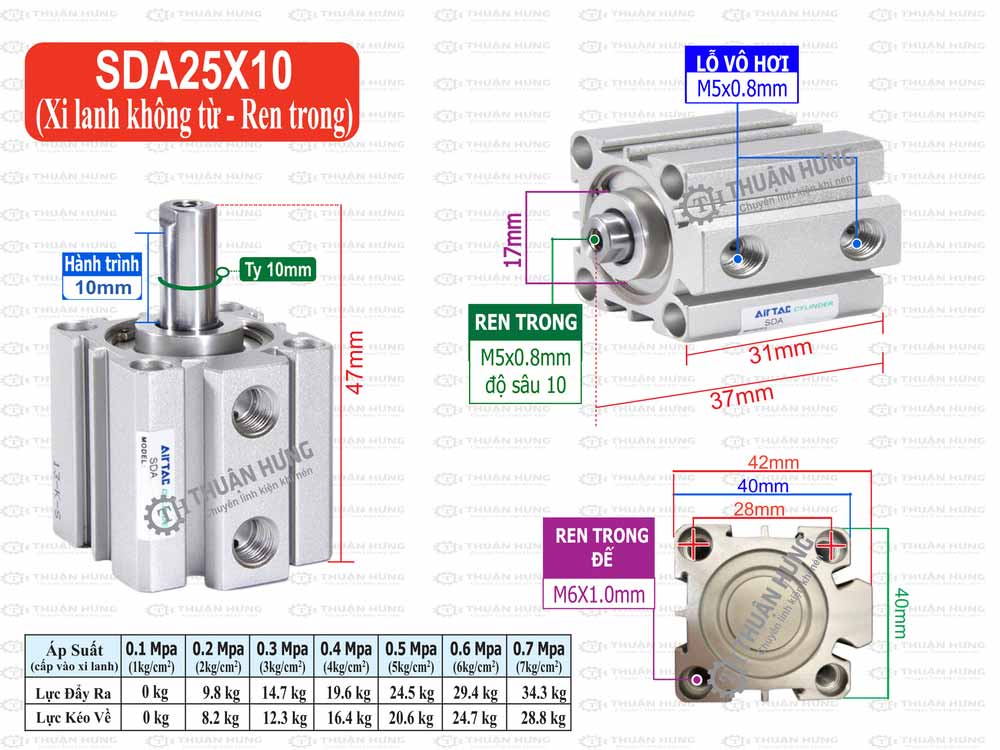 Kích thước xi lanh Compact Airtac SDA25X10