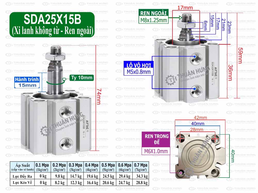 Kích thước xi lanh Compact Airtac SDA25X15B