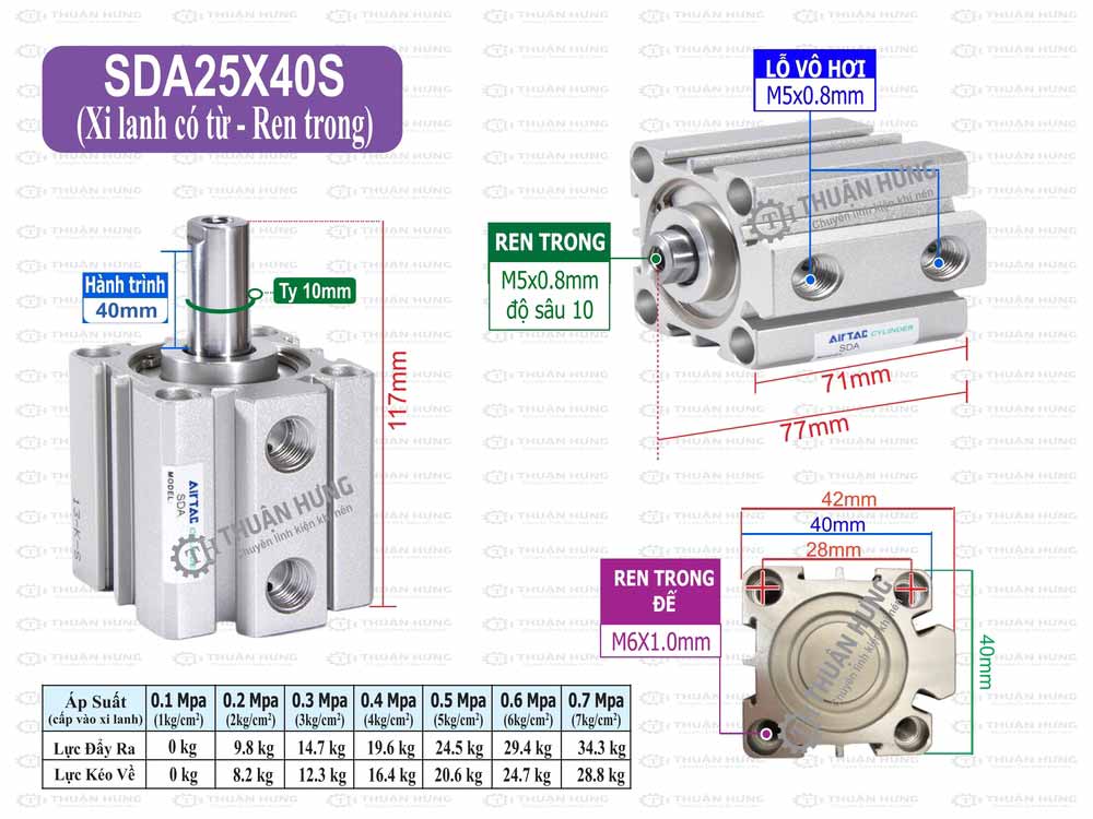 Kích thước xi lanh khí nén Airtac SDA25x40S
