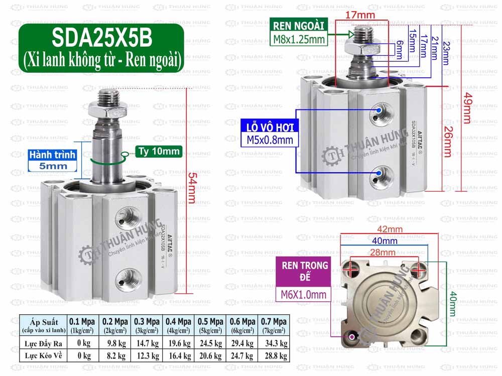 Kích thước xi lanh Compact Airtac SDA25X5B