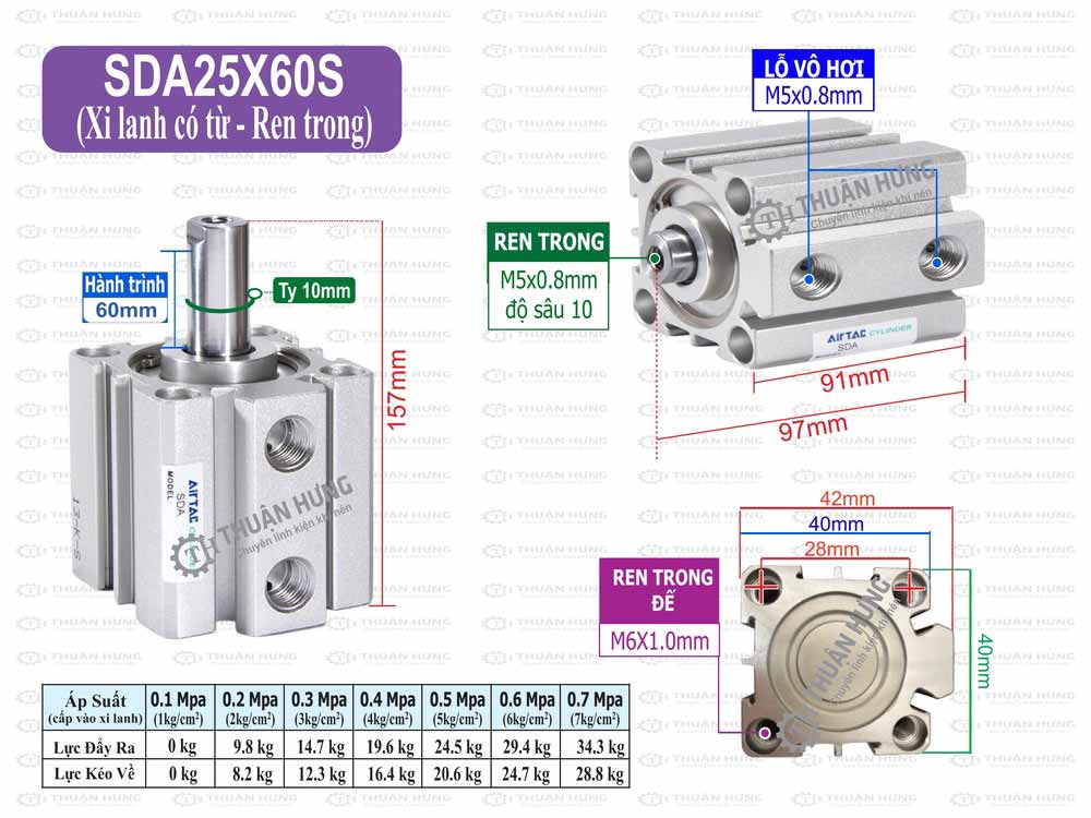 Kích thước xi lanh khí nén Airtac SDA25x60S