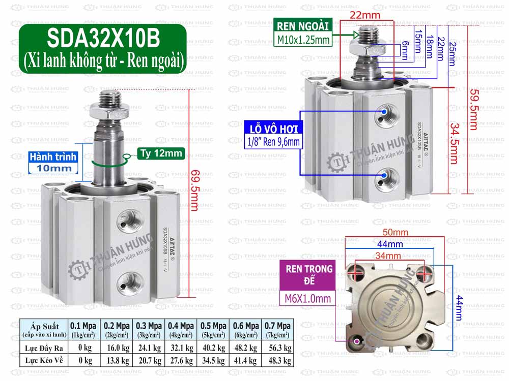 Kích thước xi lanh Compact Airtac SDA32X10B