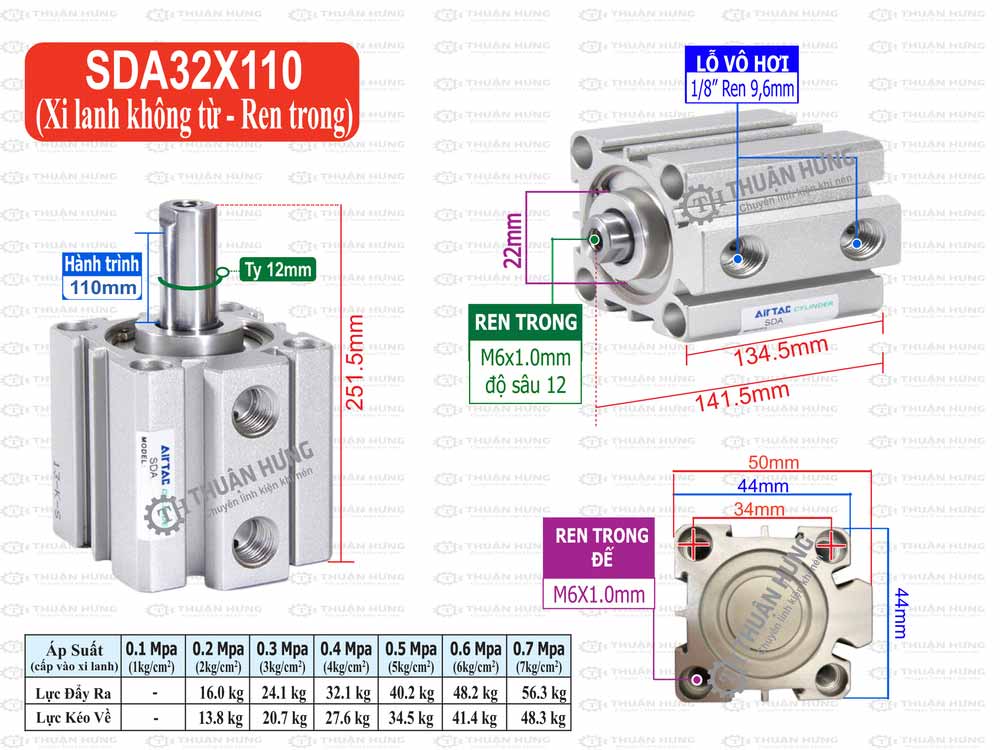 Kích thước xi lanh Compact Airtac SDA32X110