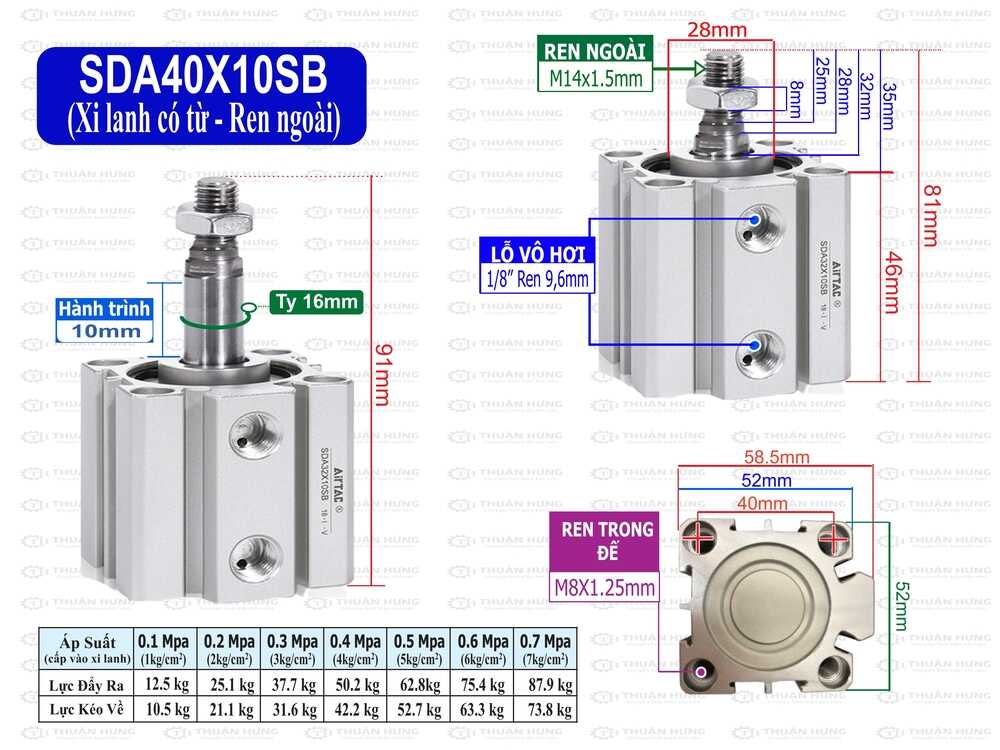 Kích thước xi lanh khí nén Airtac SDA40x10SB
