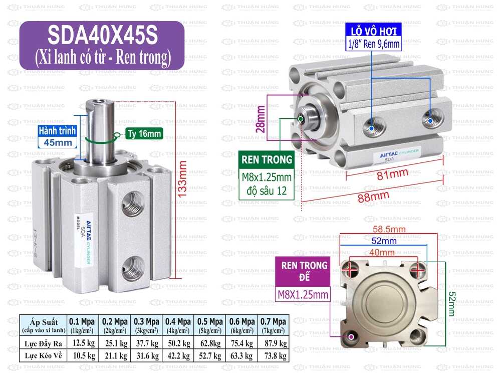 Kích thước xi lanh khí nén Airtac SDA40x45S