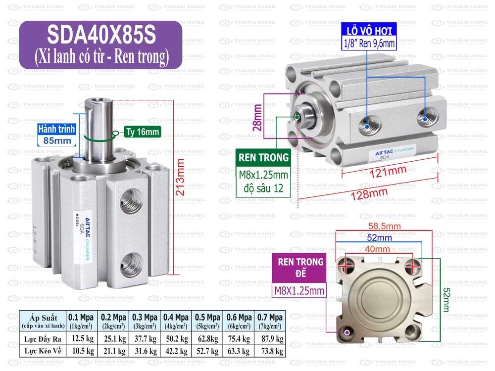 Kích thước xi lanh khí nén Airtac SDA40x85S