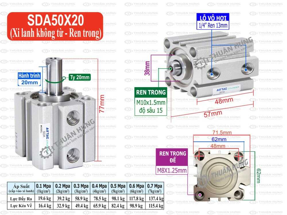 Kích thước xi lanh Compact Airtac SDA50X20