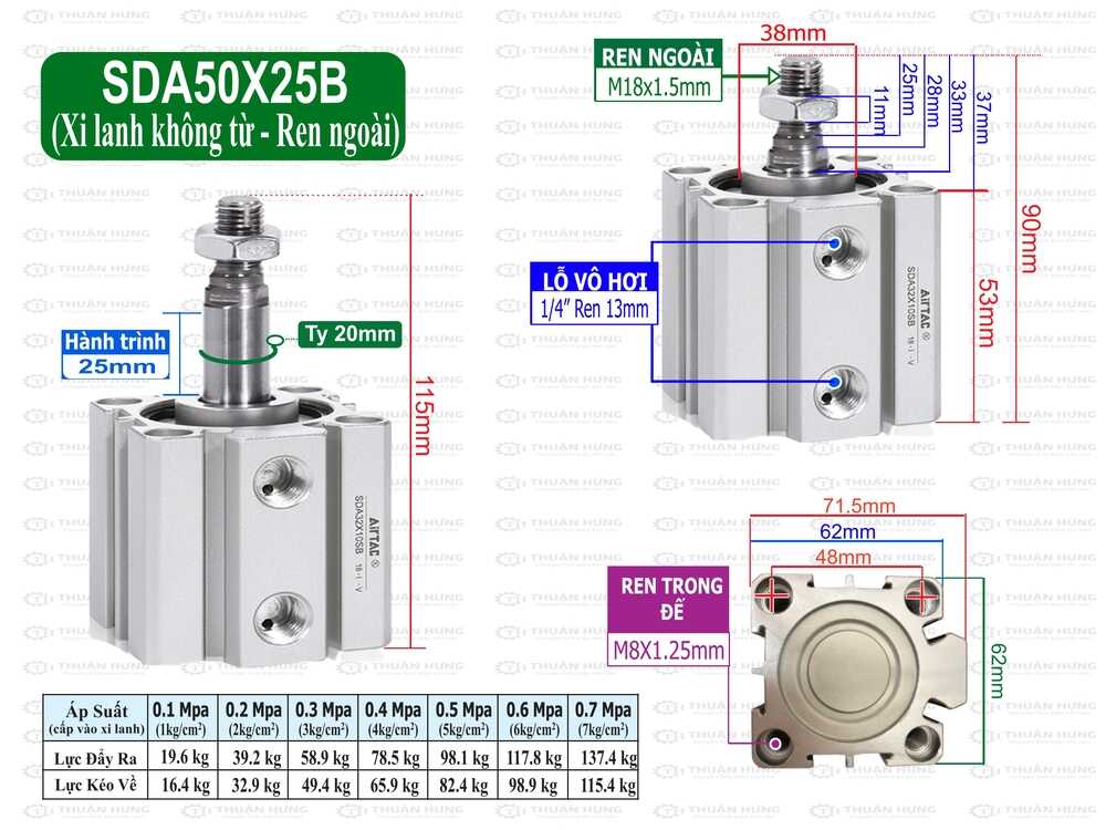 Kích thước xi lanh Compact Airtac SDA50X25B