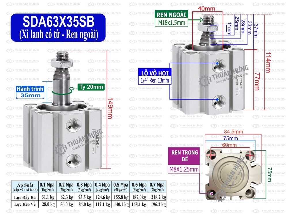 Kích thước xi lanh khí nén Airtac SDA63x35SB