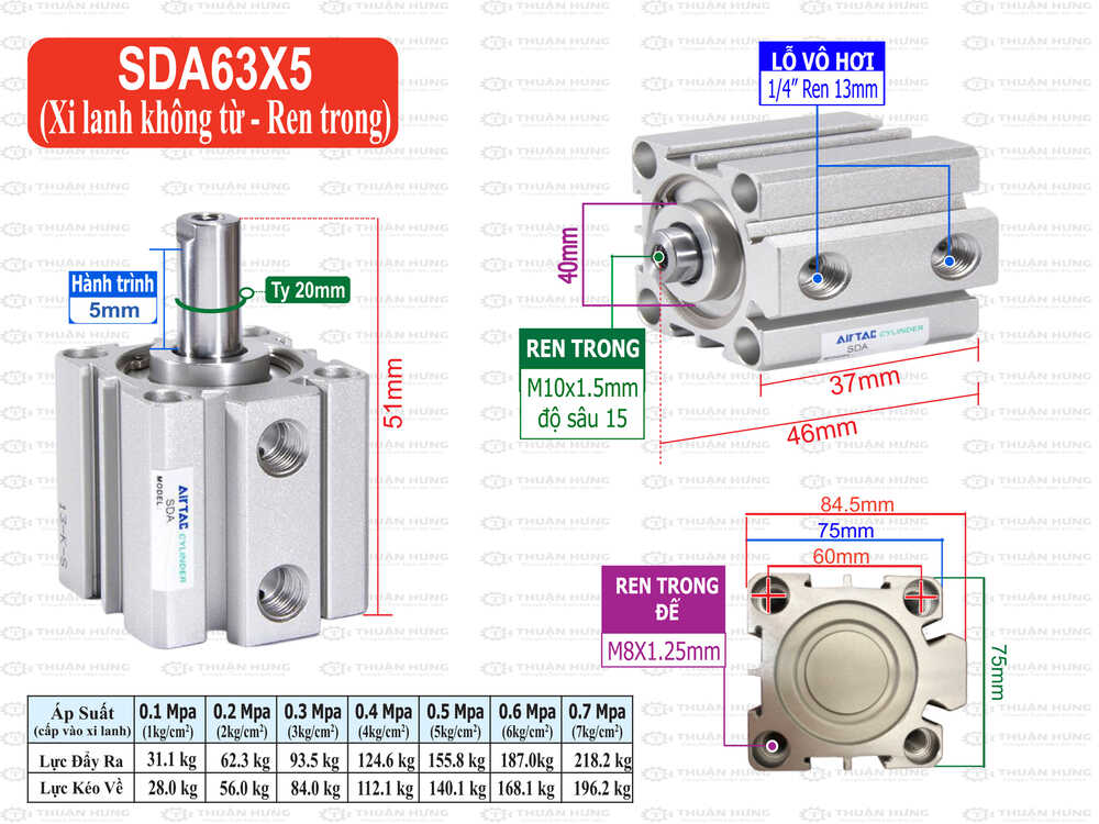 Kích thước xi lanh Compact Airtac SDA63X5