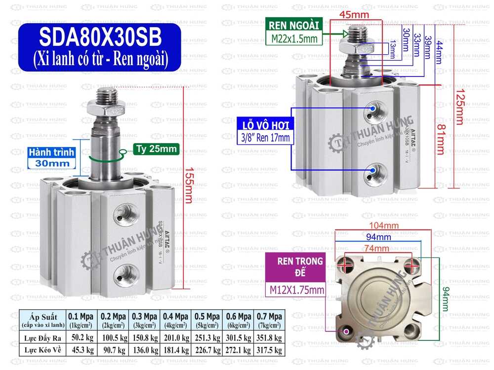 Kích thước xi lanh khí nén Airtac SDA80x30SB