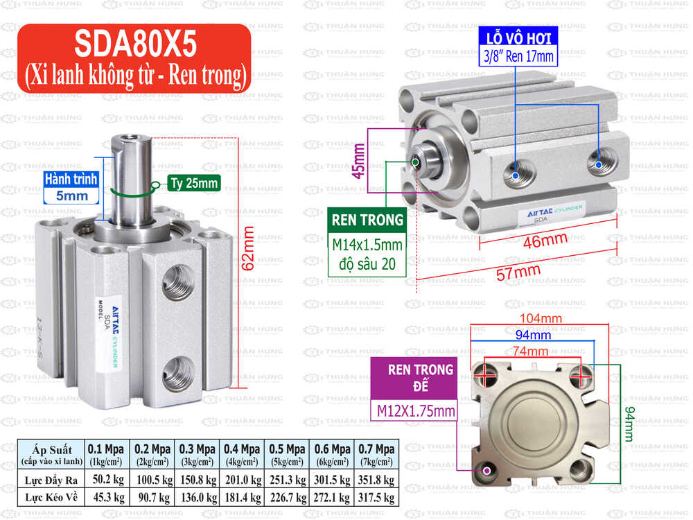 Kích thước xi lanh Compact Airtac SDA80X5
