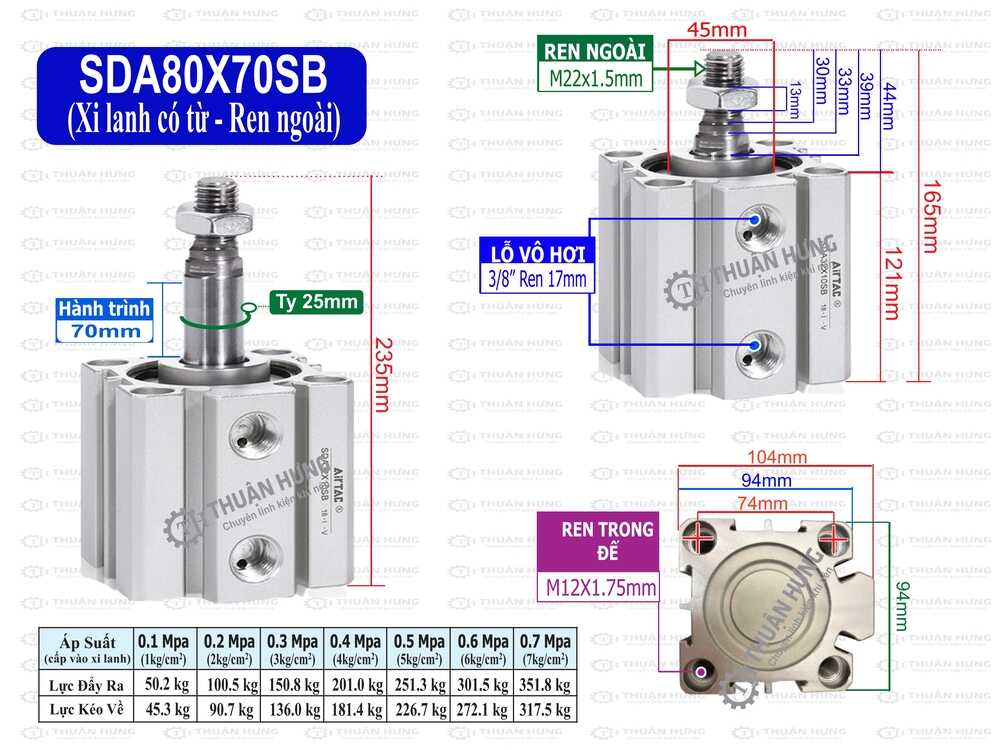 Kích thước xi lanh khí nén Airtac SDA80x70SB