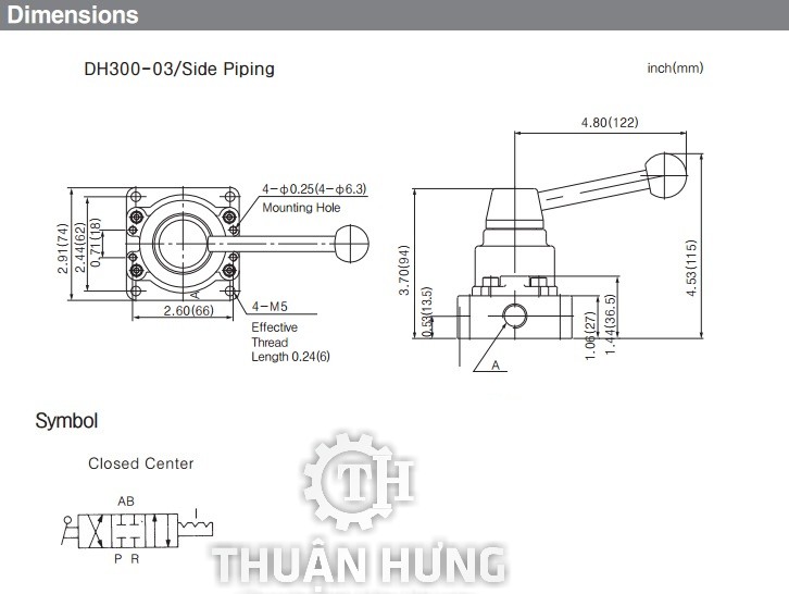 Ký hiệu và cấu tạo van gạt tay khí nén TPC DH300-03 Van khí nén 4/3 ren 17
