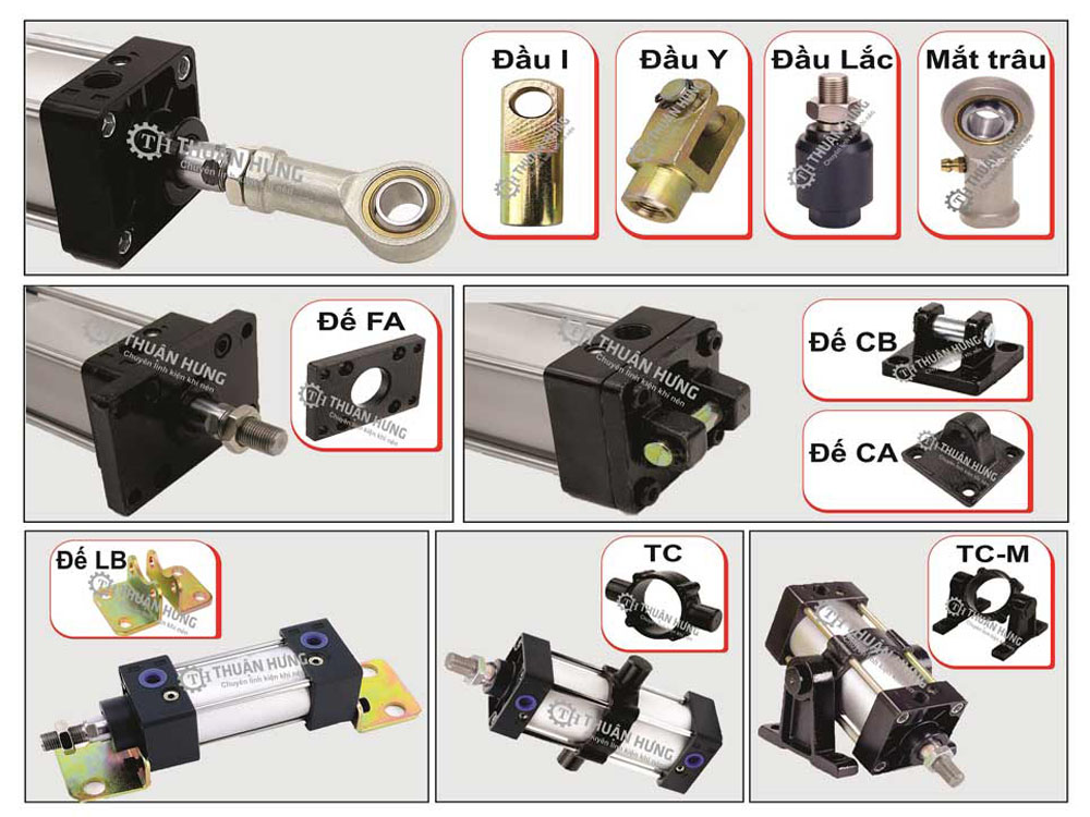 Phụ kiện đầu Y, Mắt trâu, Đầu lắc và đế CA, CB, FA, LB, TC, TCM…Ben Hơi khí nén AIRTAC SC32 – SC40 – SC50 – SC63 – SC80 – SC100 – SC125 – SC160 – SC200 – SC250