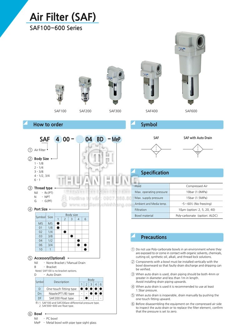 Thông số kĩ thuật của bộ lọc khí nén SKP SAF4000-04 là bộ tách nước khí nén tự động