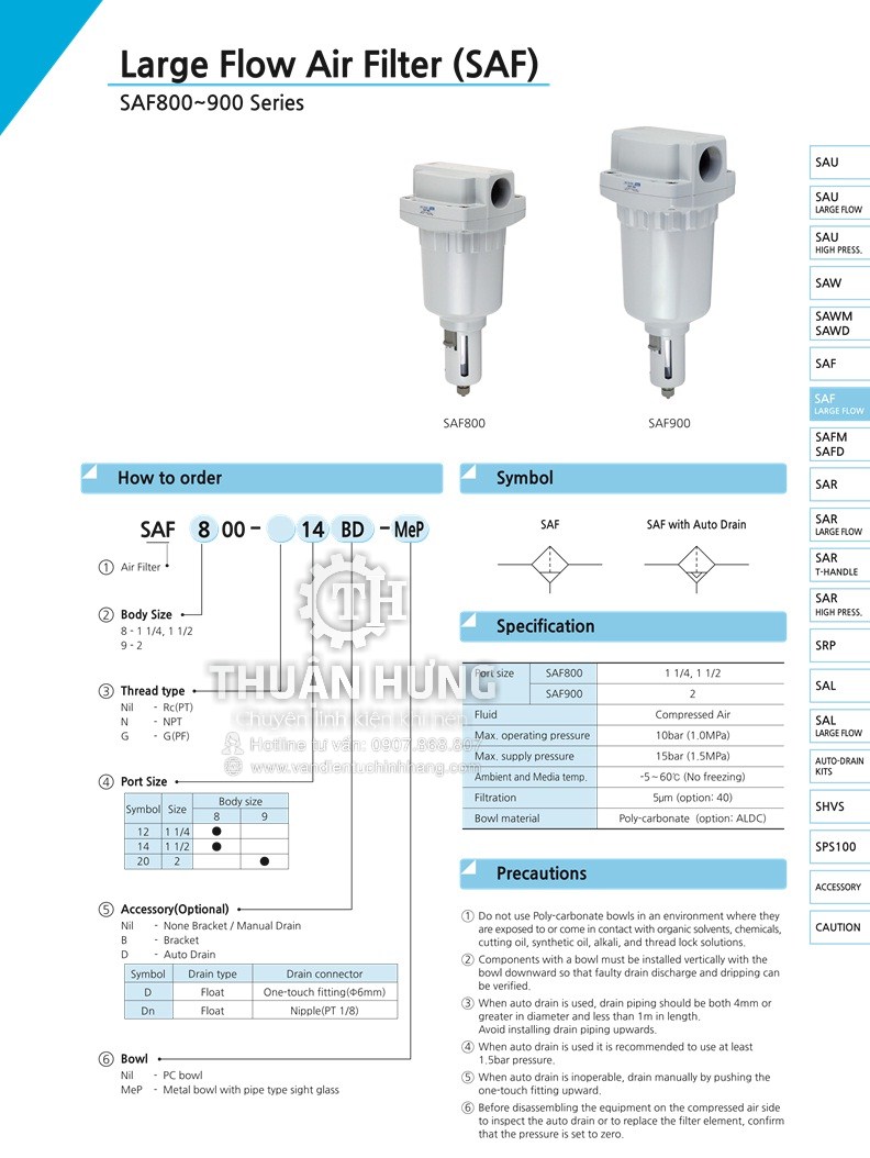 Thông số kĩ thuật của bộ lọc khí nén SKP SAF9000-20BD là bộ lọc nước cho máy nén khí