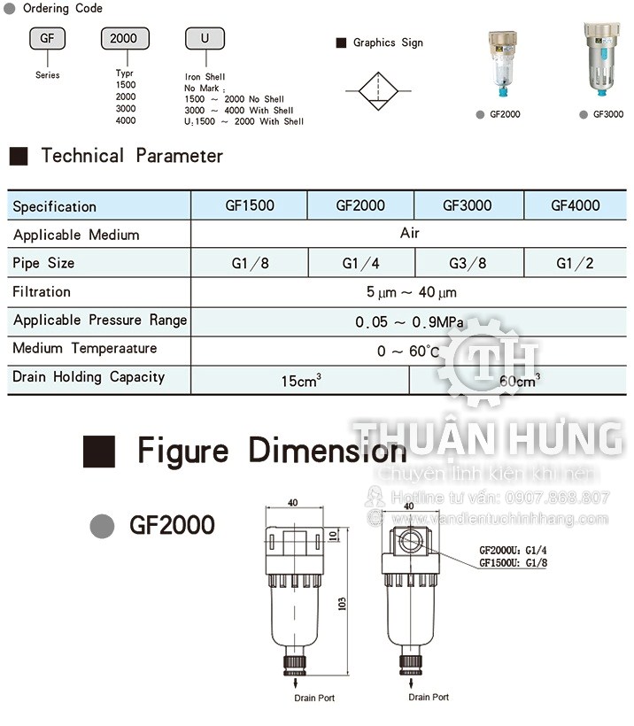Các thông số kĩ thuật và kích thước của bộ lọc khí nén STNC GF2000 ren 13