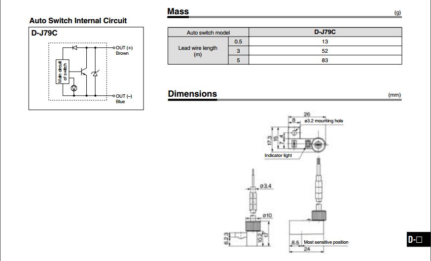 Thông số kỉ thuật và kích cỡ của cảm biến từ sensor SMC D-J79C