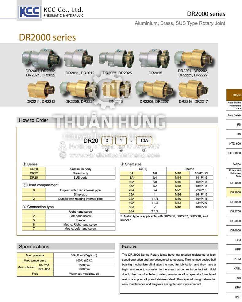 Thông số kĩ thuật của khớp nối xoay khí nén 3 lỗ KCC DR2201-25 ren 34 xoay phải