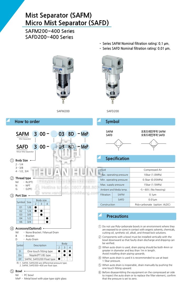 Thông số kĩ thuật của bộ lọc tinh khí nén SKP SAFM4000-04 Phi 21