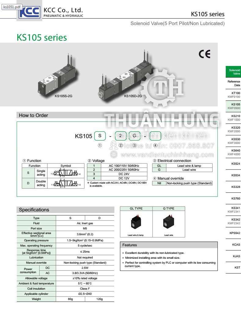 Thông số kĩ thuật của van điện từ khí nén KCC KS105D ren M5 van 5/2 DC 12v 24V AC 110v 220v